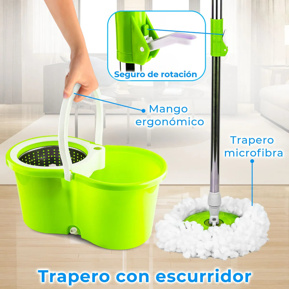 TRAPEADOR GIRATORIO CON CESTA METALICA Y BALDE EXPRIMIDOR