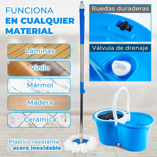 TRAPEADOR GIRATORIO CON CESTA METALICA Y BALDE EXPRIMIDOR